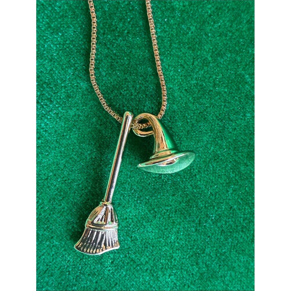 NWT Gold-Tone Witch Hat & Broom dainty Charm Necklace Gothic witchy whimsygoth